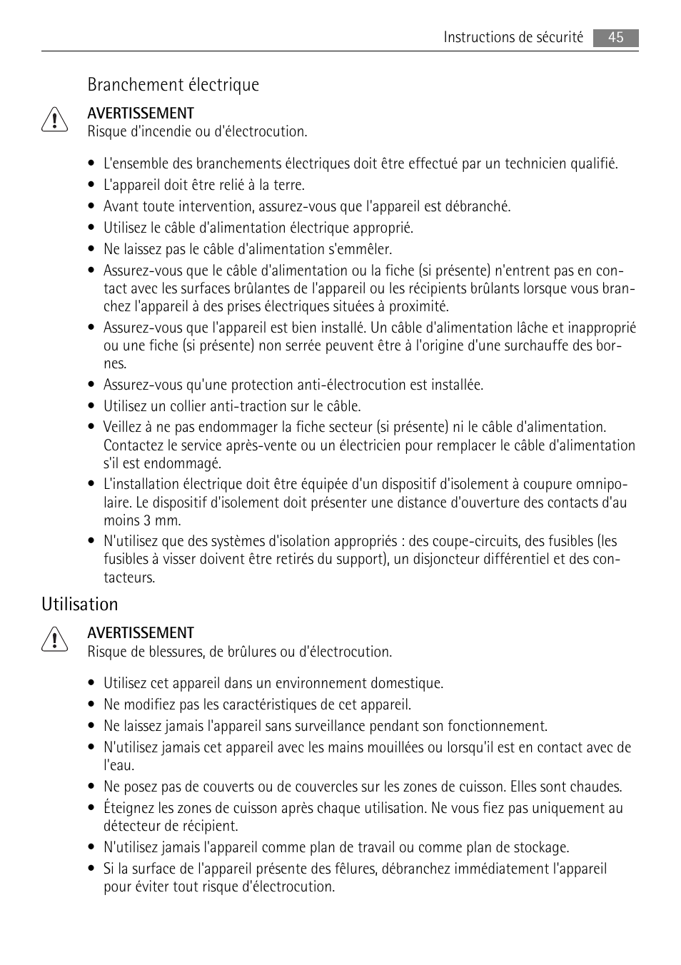 Branchement électrique, Utilisation | AEG HC652600EB User Manual | Page 45 / 84