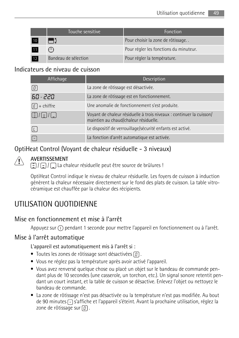 Utilisation quotidienne, Indicateurs de niveau de cuisson, Mise en fonctionnement et mise à l'arrêt | Mise à l'arrêt automatique | AEG HC652600EB User Manual | Page 49 / 84