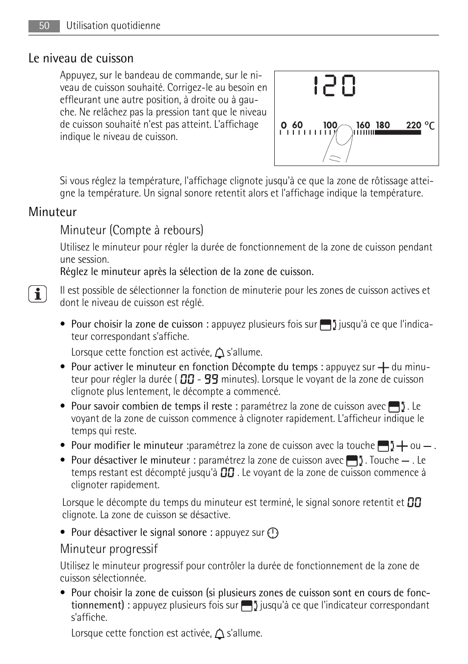 Le niveau de cuisson, Minuteur minuteur (compte à rebours), Minuteur progressif | AEG HC652600EB User Manual | Page 50 / 84