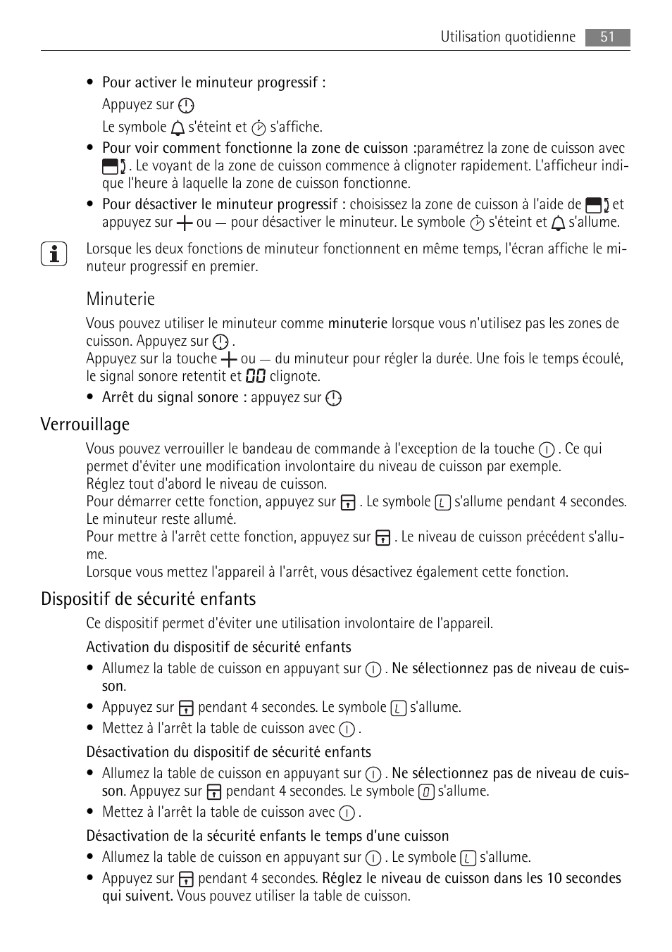 Minuterie, Verrouillage, Dispositif de sécurité enfants | AEG HC652600EB User Manual | Page 51 / 84