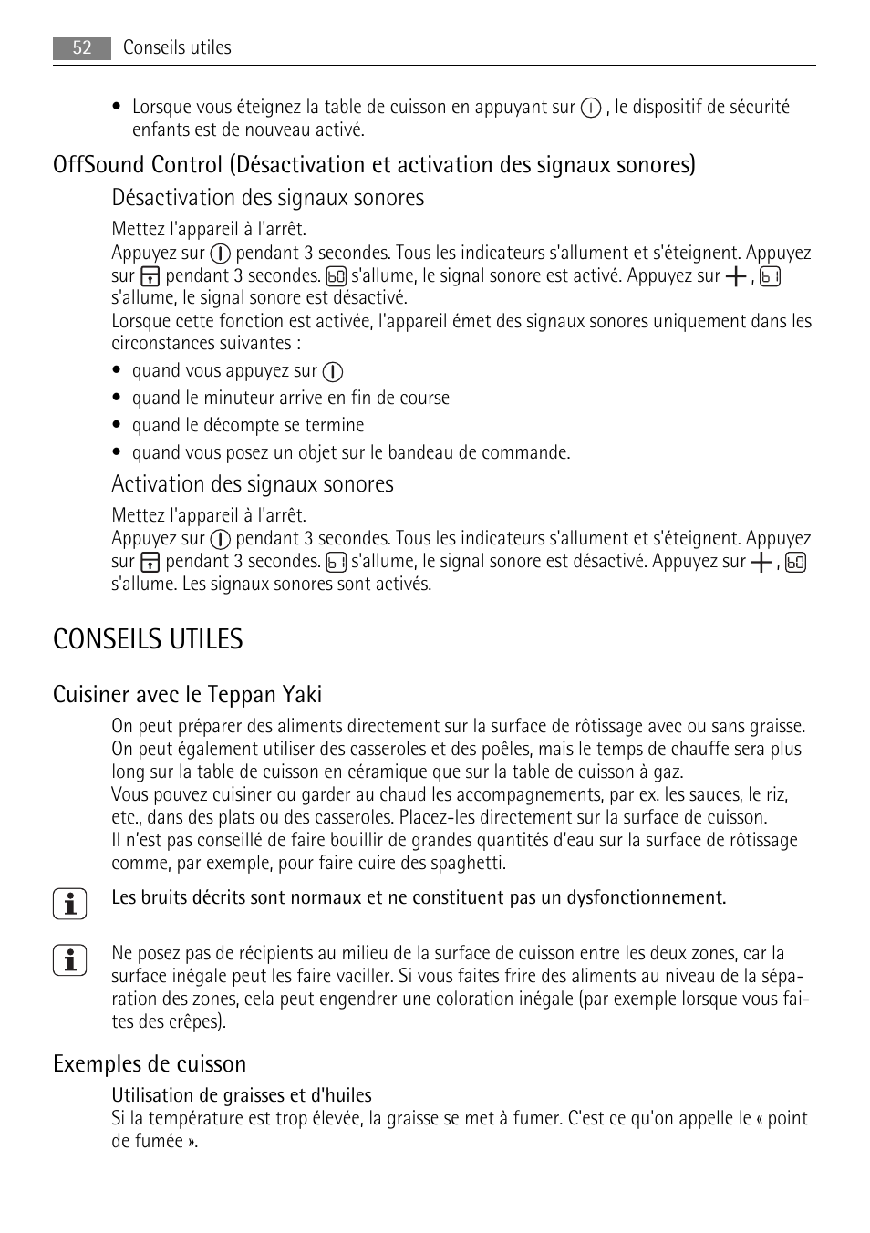 Conseils utiles, Activation des signaux sonores, Cuisiner avec le teppan yaki | Exemples de cuisson | AEG HC652600EB User Manual | Page 52 / 84