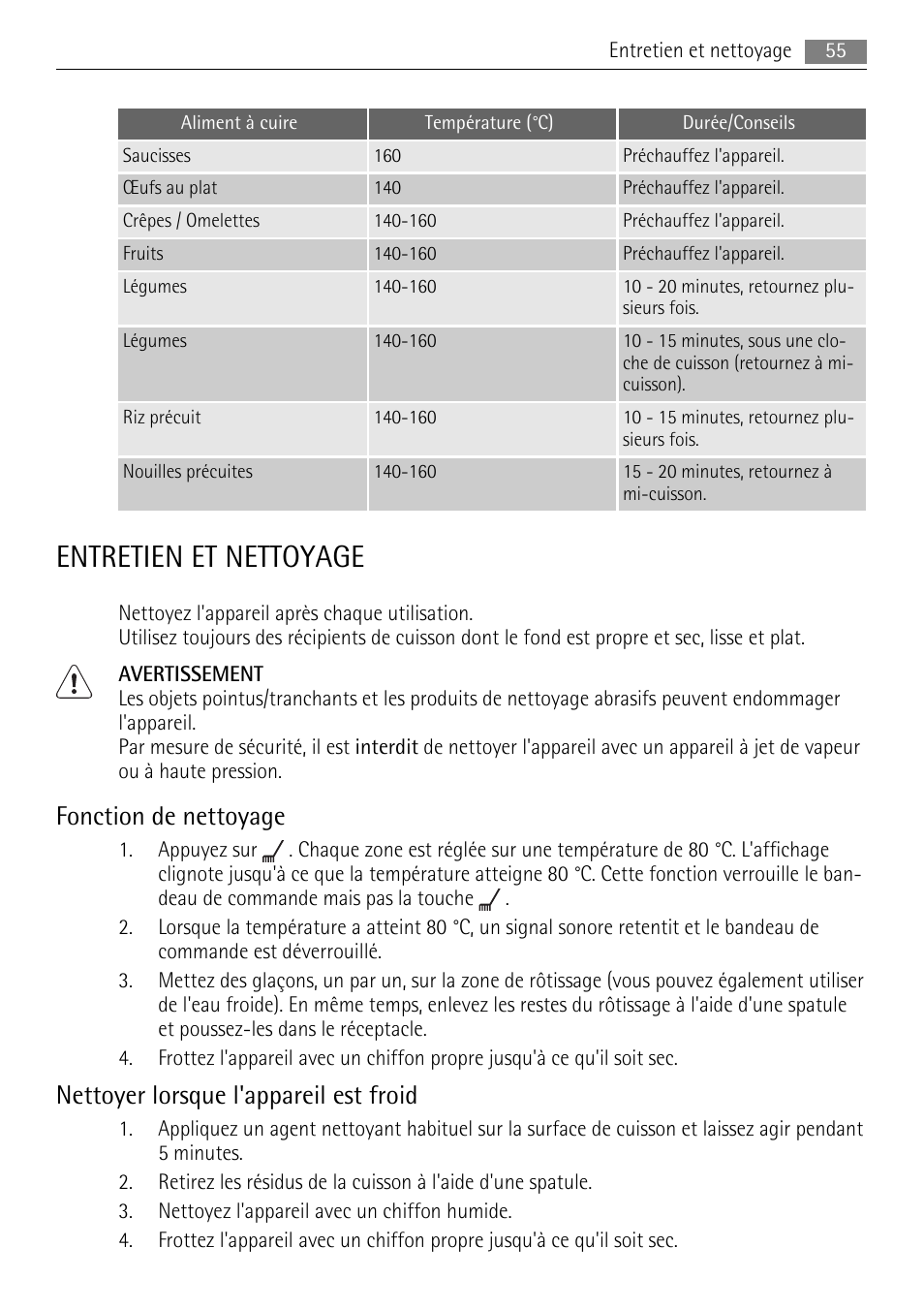 Entretien et nettoyage, Fonction de nettoyage, Nettoyer lorsque l'appareil est froid | AEG HC652600EB User Manual | Page 55 / 84