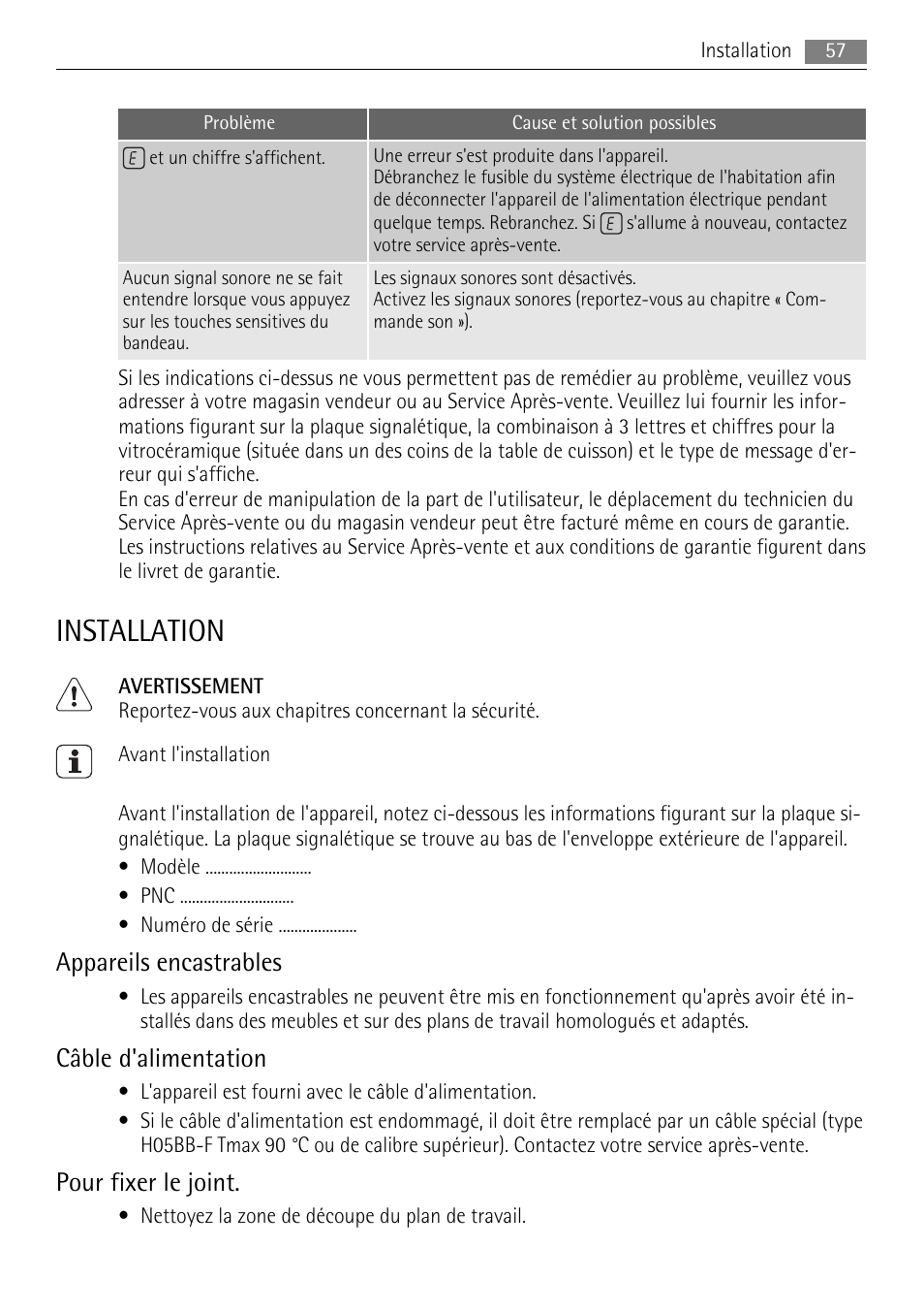 Installation, Appareils encastrables, Câble d'alimentation | Pour fixer le joint | AEG HC652600EB User Manual | Page 57 / 84