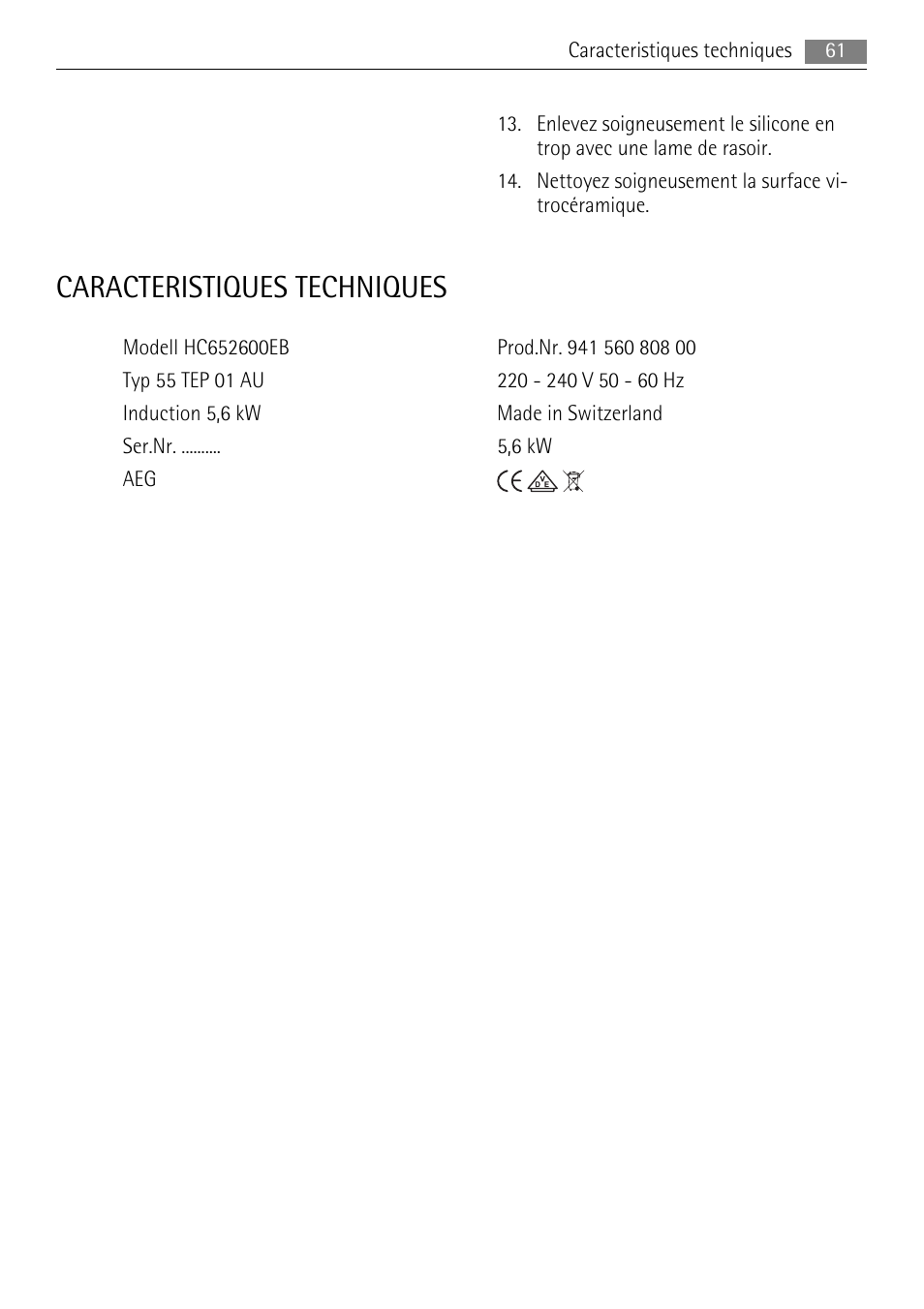 Caracteristiques techniques | AEG HC652600EB User Manual | Page 61 / 84