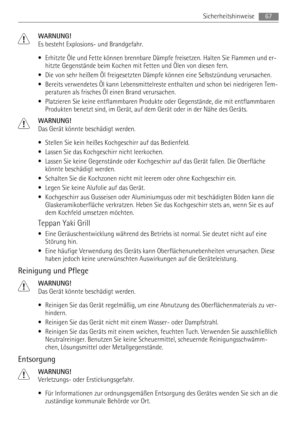 Teppan yaki grill, Reinigung und pflege, Entsorgung | AEG HC652600EB User Manual | Page 67 / 84