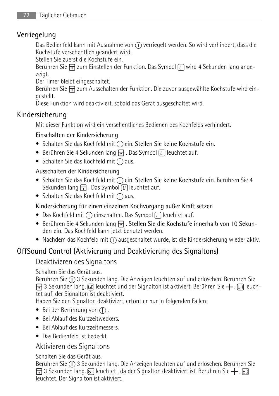 Verriegelung, Kindersicherung, Aktivieren des signaltons | AEG HC652600EB User Manual | Page 72 / 84