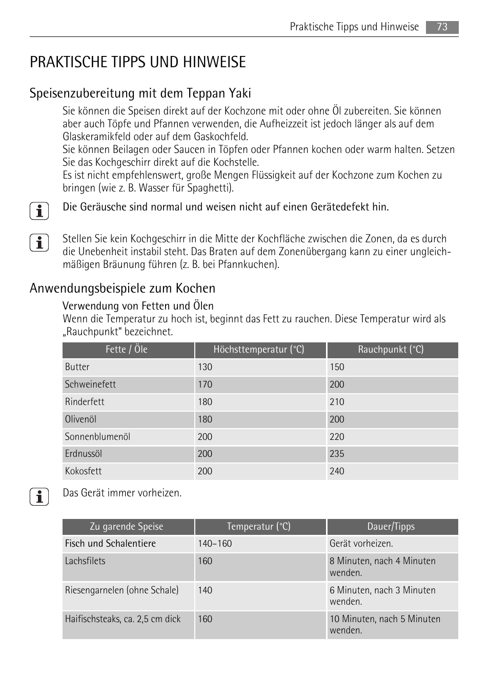 Praktische tipps und hinweise, Speisenzubereitung mit dem teppan yaki, Anwendungsbeispiele zum kochen | AEG HC652600EB User Manual | Page 73 / 84