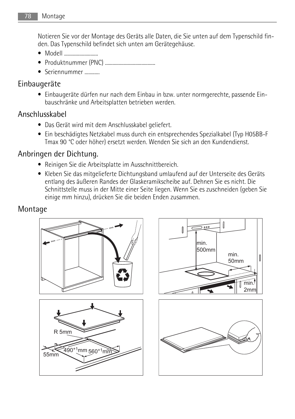 Einbaugeräte, Anschlusskabel, Anbringen der dichtung | Montage | AEG HC652600EB User Manual | Page 78 / 84