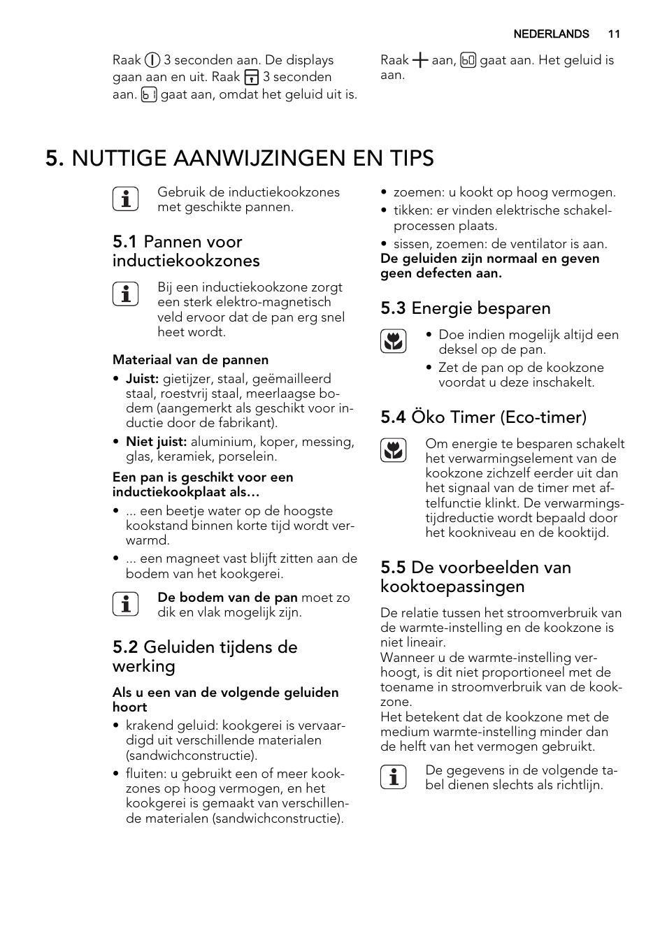 Nuttige aanwijzingen en tips, 1 pannen voor inductiekookzones, 2 geluiden tijdens de werking | 3 energie besparen, 4 öko timer (eco-timer), 5 de voorbeelden van kooktoepassingen | AEG HC451220EB User Manual | Page 11 / 72