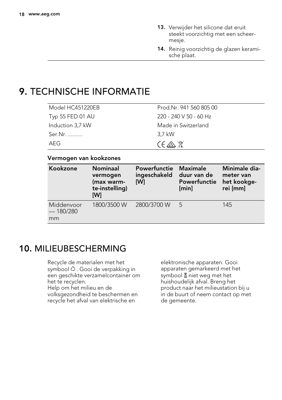 Technische informatie, Milieubescherming | AEG HC451220EB User Manual | Page 18 / 72