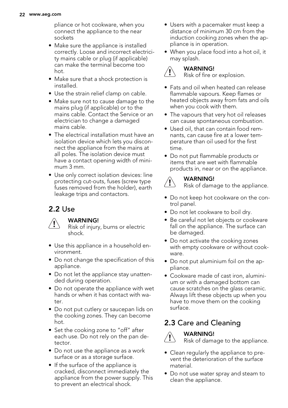 2 use, 3 care and cleaning | AEG HC451220EB User Manual | Page 22 / 72