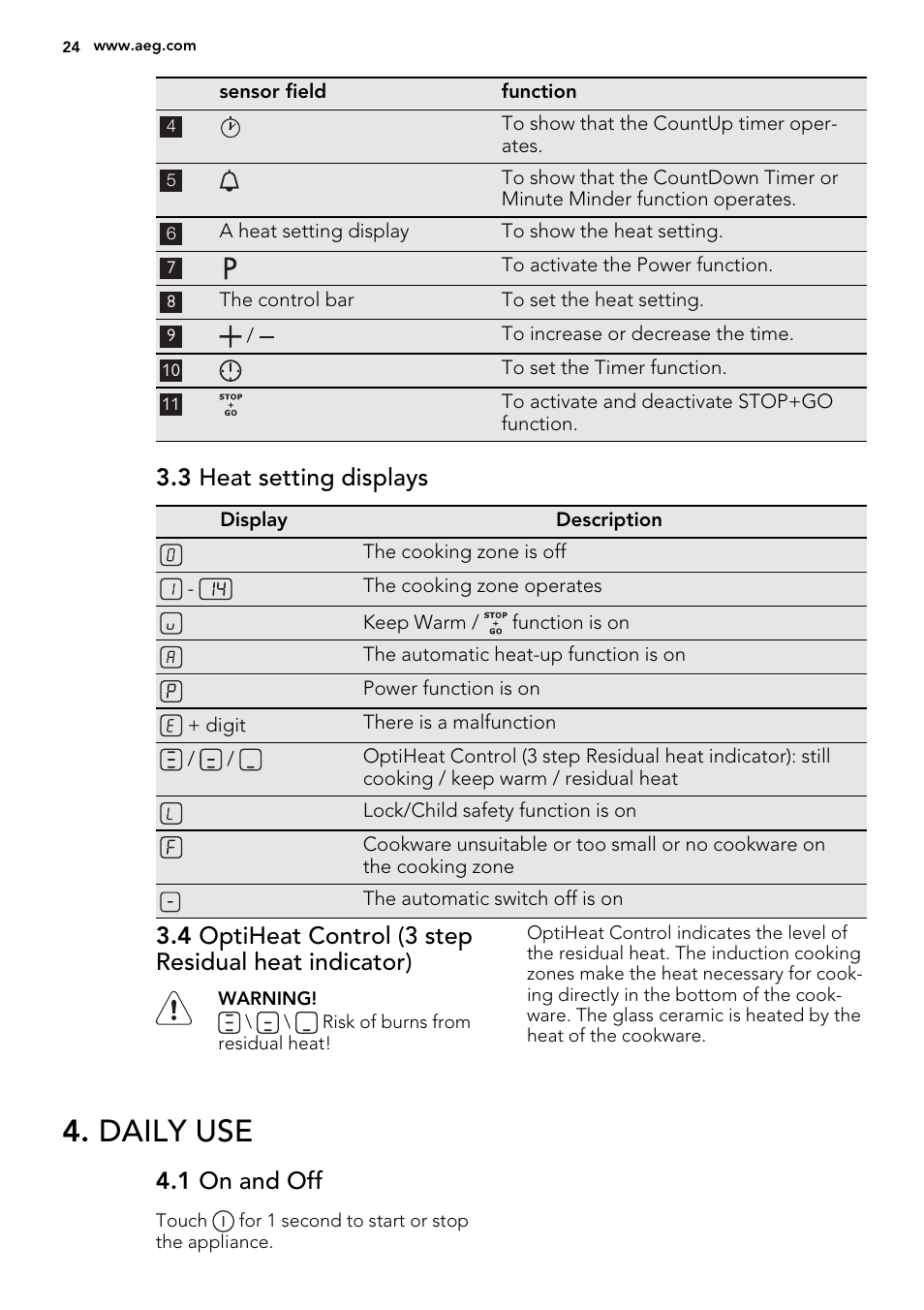 Daily use, 3 heat setting displays, 1 on and off | AEG HC451220EB User Manual | Page 24 / 72