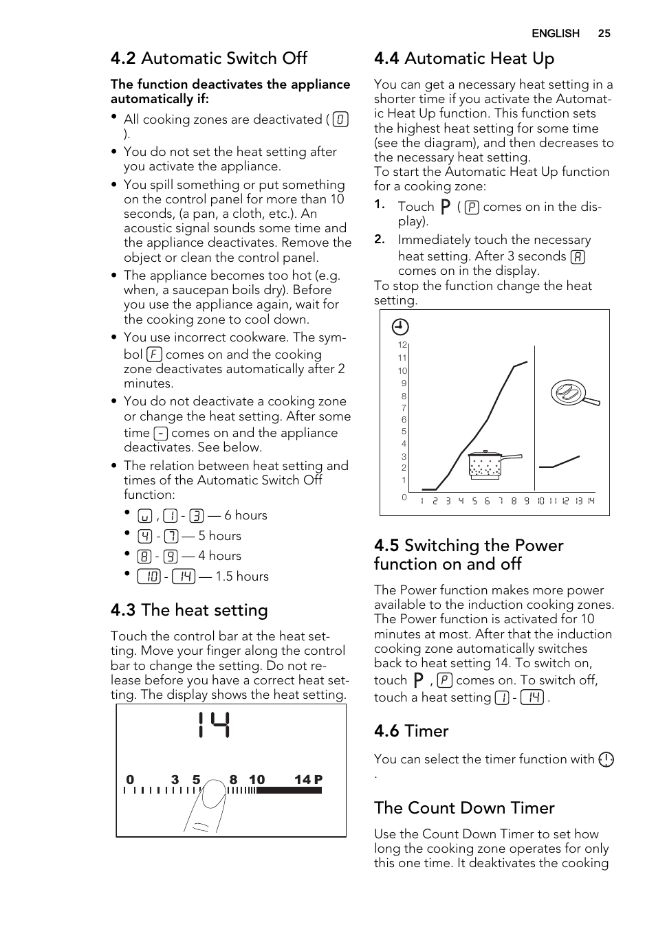 2 automatic switch off, 3 the heat setting, 4 automatic heat up | 5 switching the power function on and off, 6 timer, The count down timer | AEG HC451220EB User Manual | Page 25 / 72