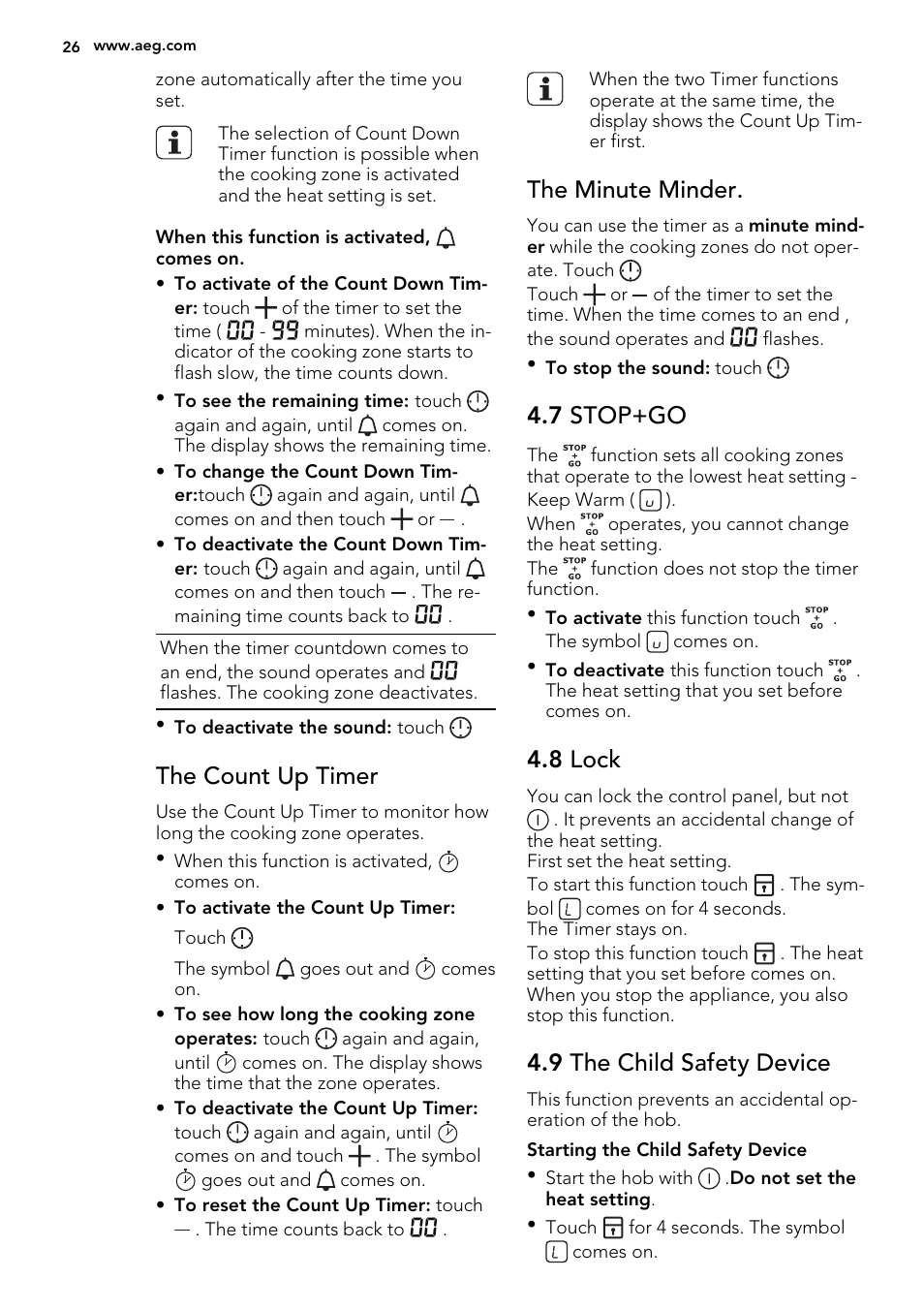 The count up timer, The minute minder, 7 stop+go | 8 lock, 9 the child safety device | AEG HC451220EB User Manual | Page 26 / 72