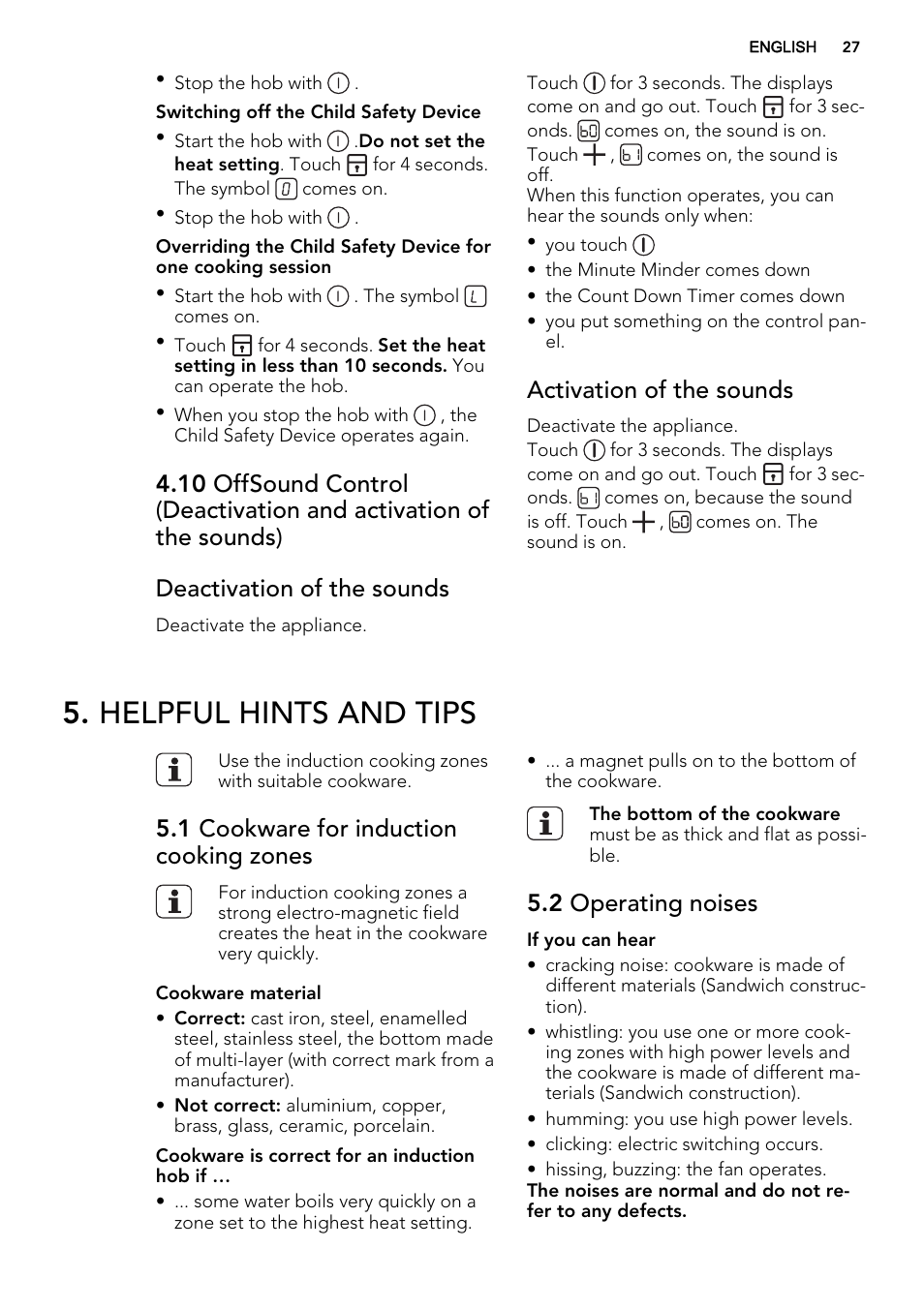 Helpful hints and tips, Activation of the sounds, 1 cookware for induction cooking zones | 2 operating noises | AEG HC451220EB User Manual | Page 27 / 72