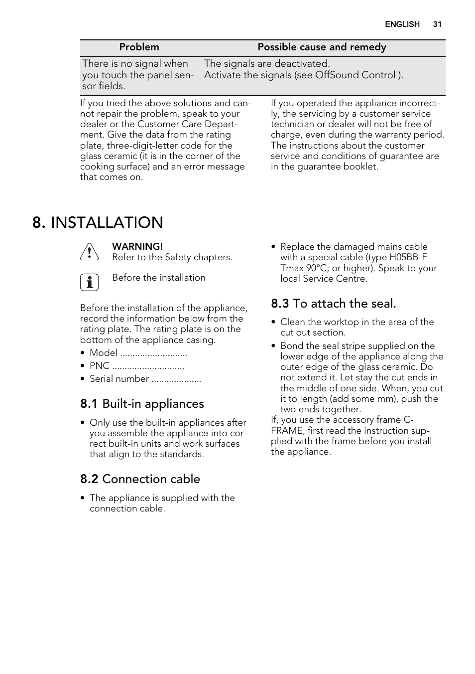 Installation, 1 built-in appliances, 2 connection cable | 3 to attach the seal | AEG HC451220EB User Manual | Page 31 / 72