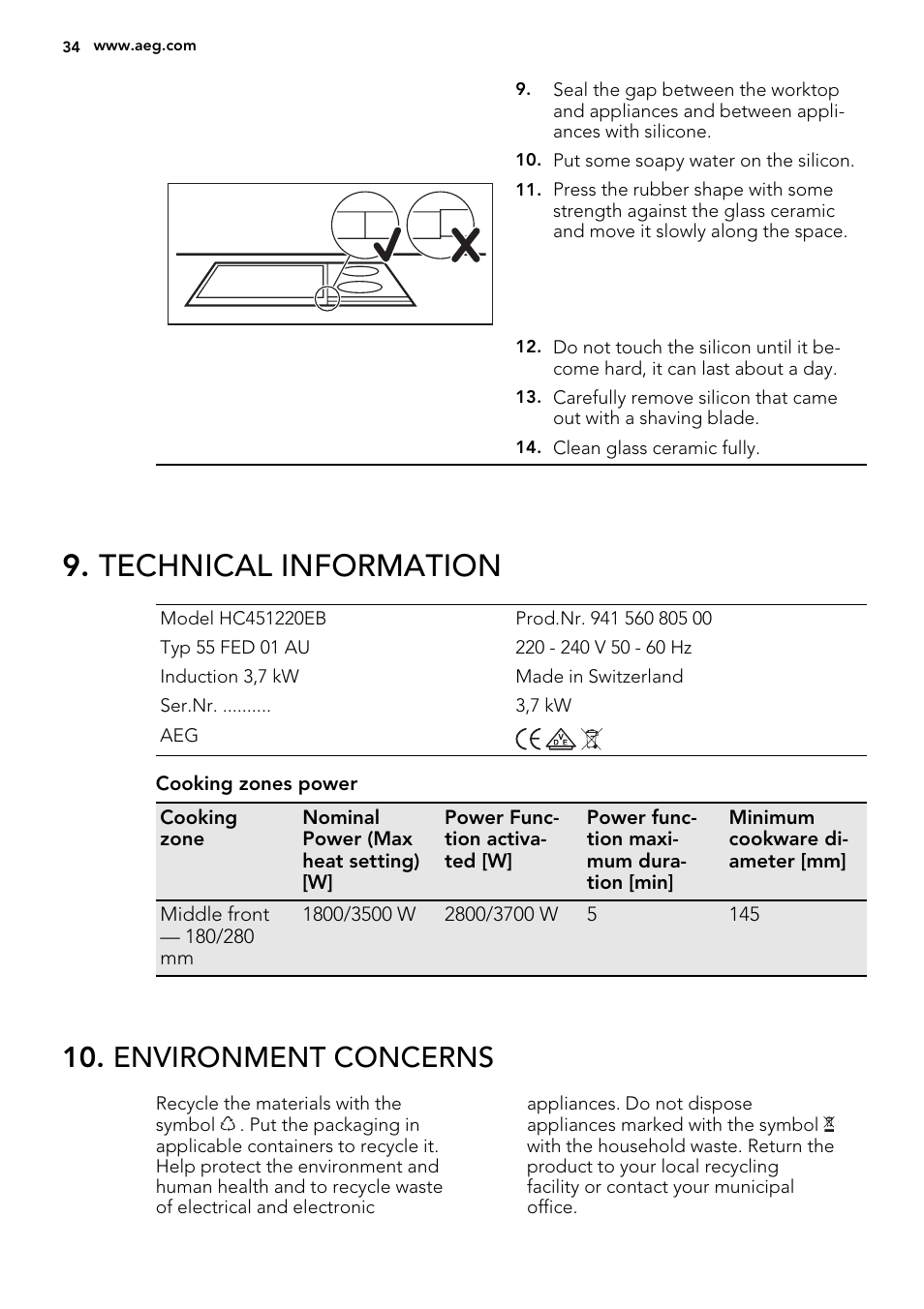 Technical information, Environment concerns | AEG HC451220EB User Manual | Page 34 / 72