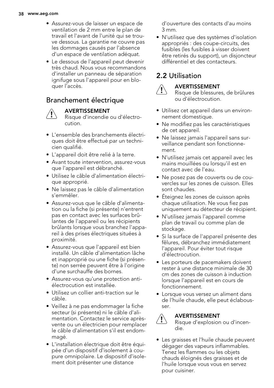 Branchement électrique, 2 utilisation | AEG HC451220EB User Manual | Page 38 / 72