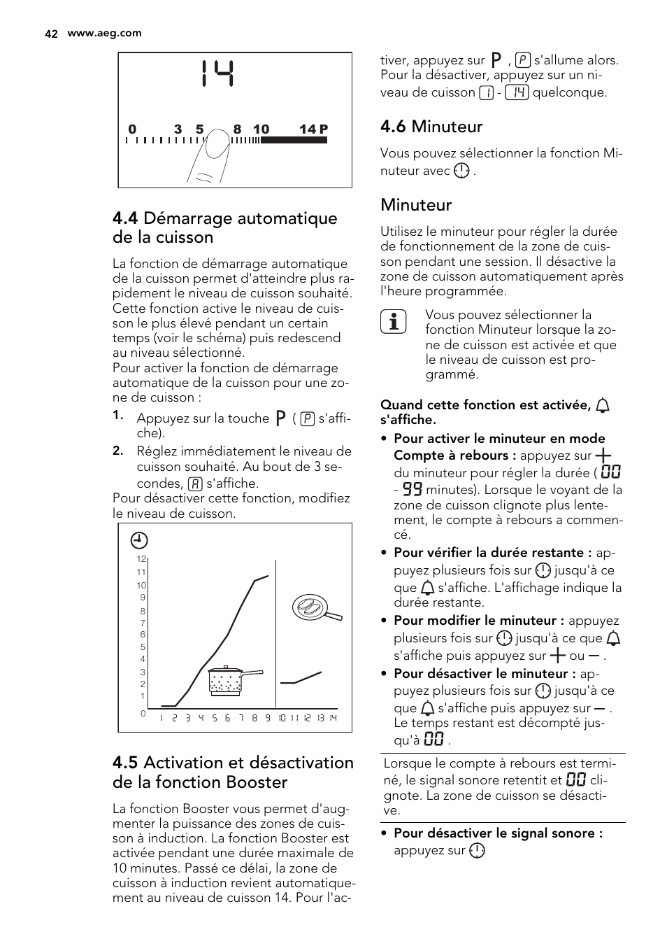 4 démarrage automatique de la cuisson, 6 minuteur, Minuteur | AEG HC451220EB User Manual | Page 42 / 72