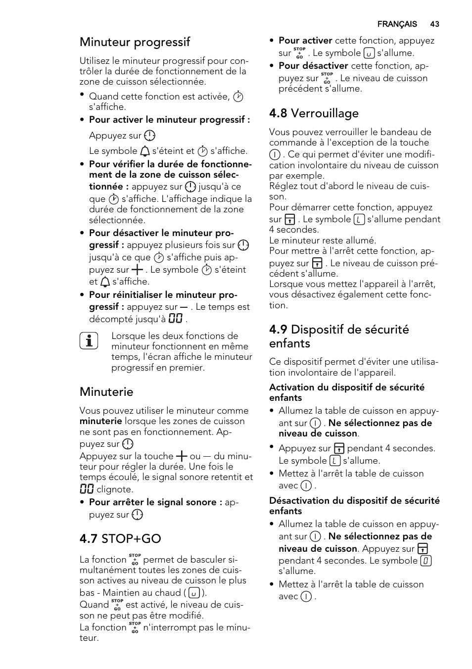 Minuteur progressif, Minuterie, 7 stop+go | 8 verrouillage, 9 dispositif de sécurité enfants | AEG HC451220EB User Manual | Page 43 / 72