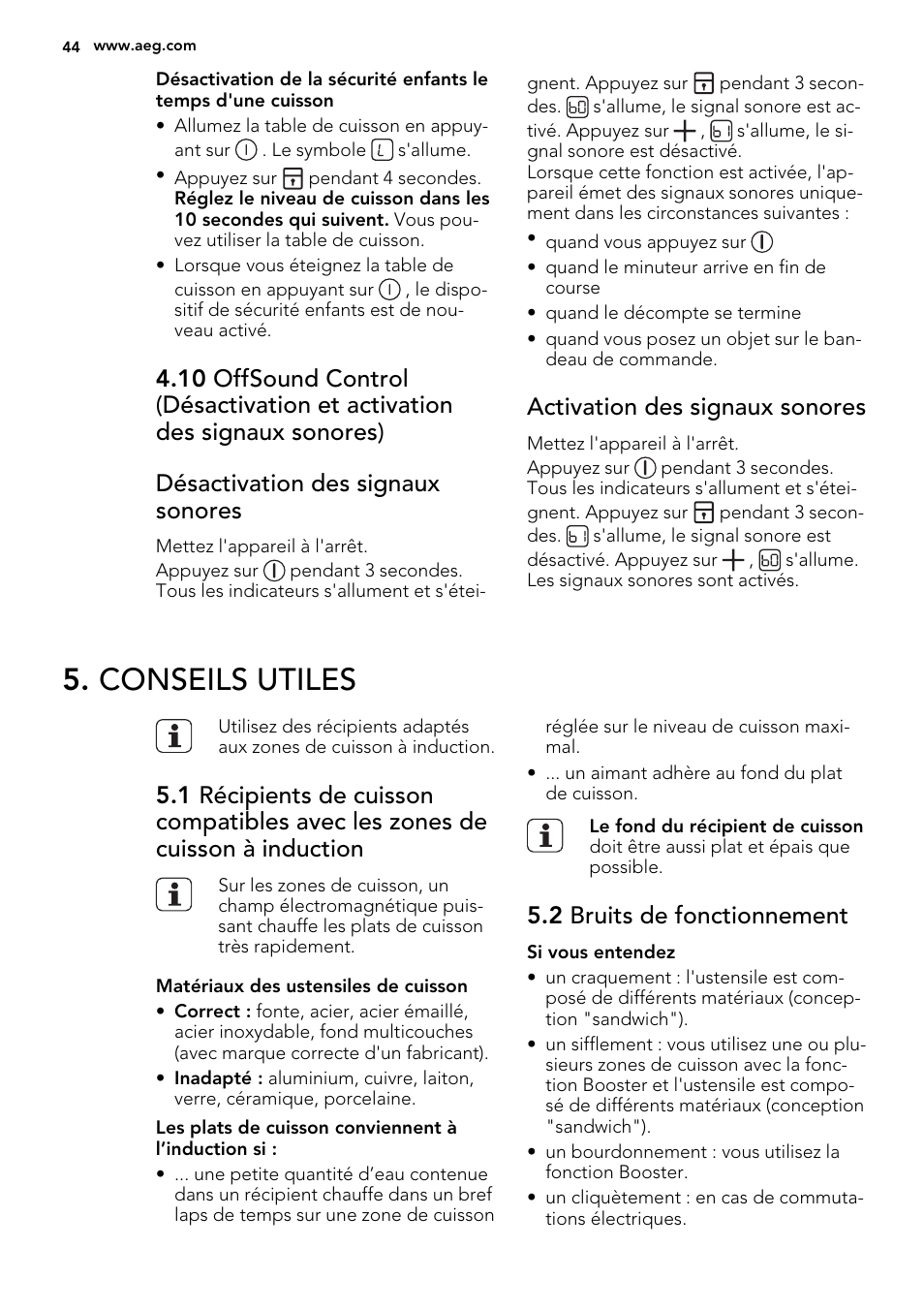 Conseils utiles, Activation des signaux sonores, 2 bruits de fonctionnement | AEG HC451220EB User Manual | Page 44 / 72