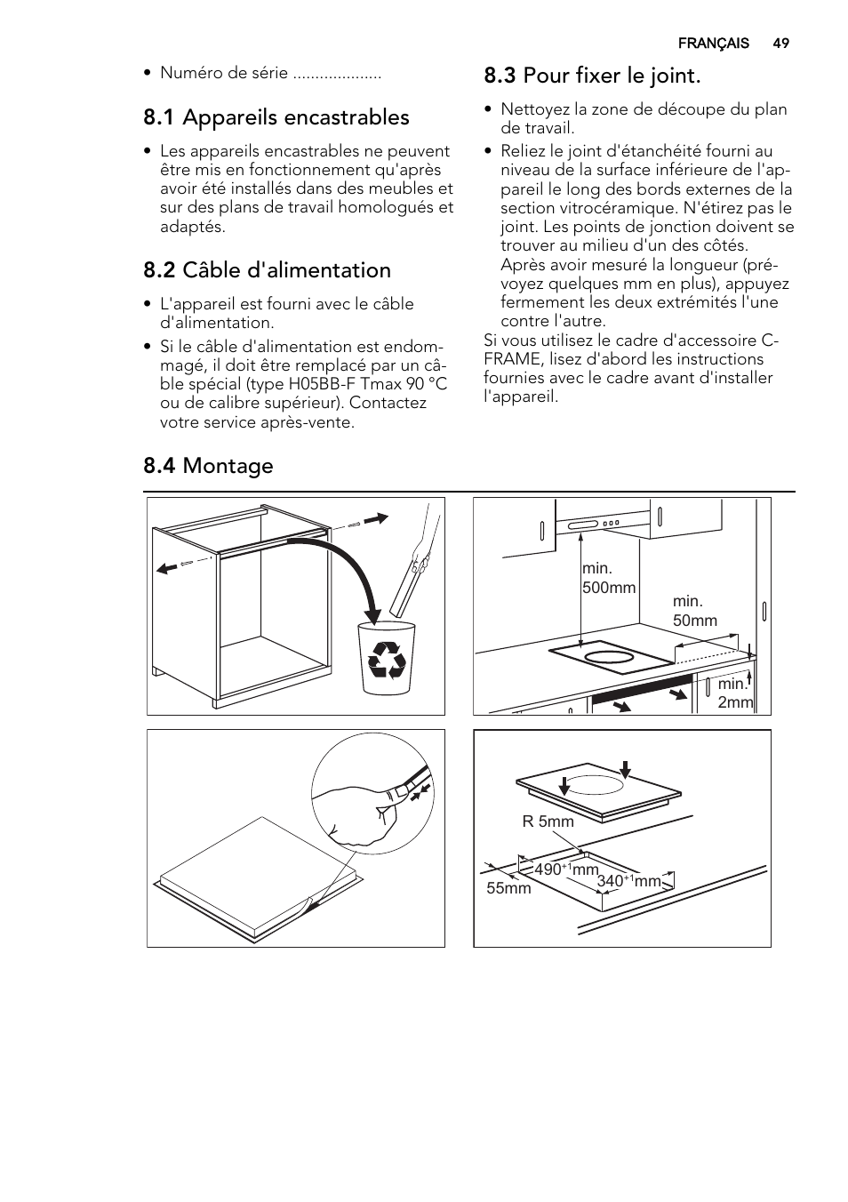 1 appareils encastrables, 2 câble d'alimentation, 3 pour fixer le joint | 4 montage | AEG HC451220EB User Manual | Page 49 / 72