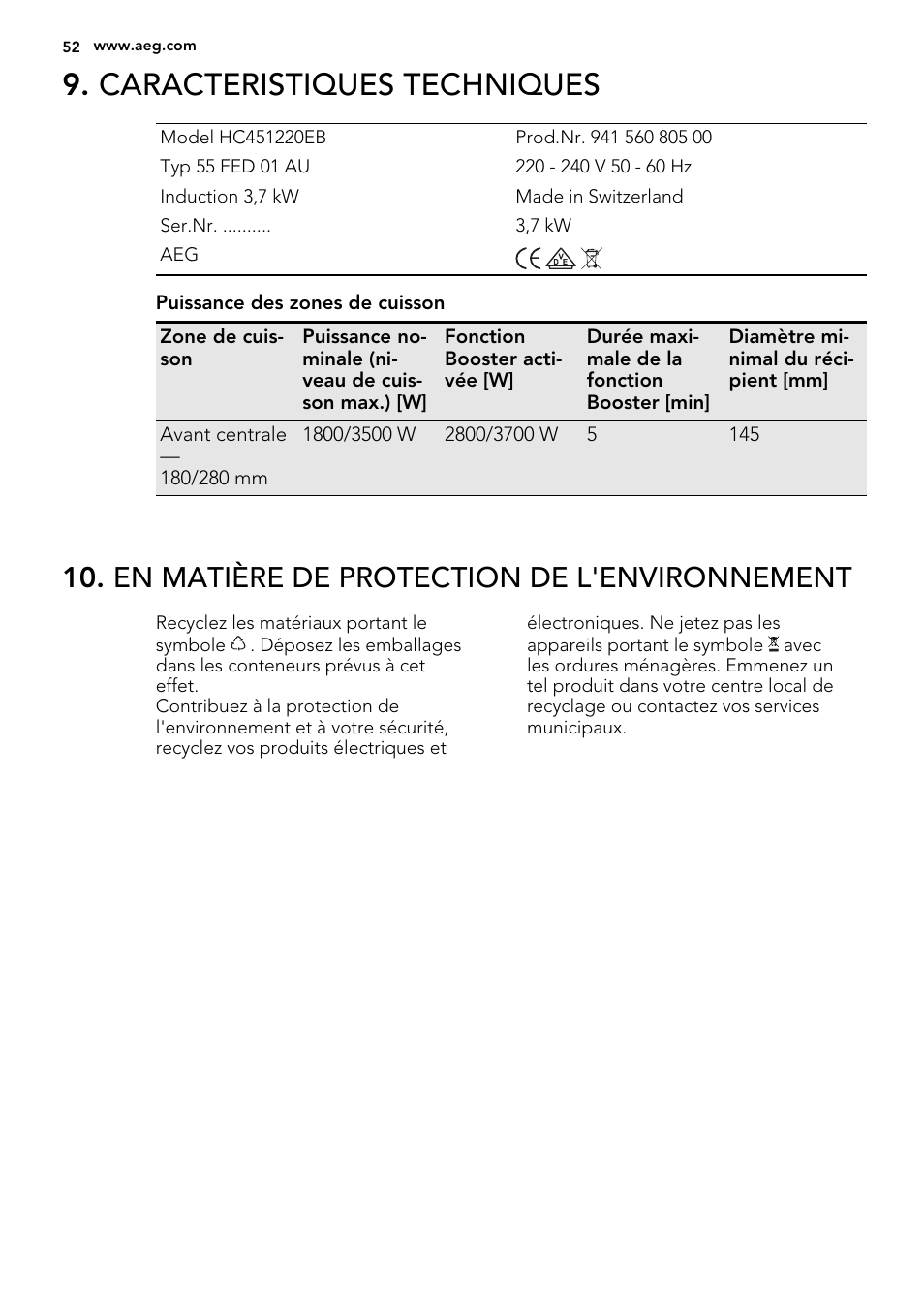 Caracteristiques techniques, En matière de protection de l'environnement | AEG HC451220EB User Manual | Page 52 / 72