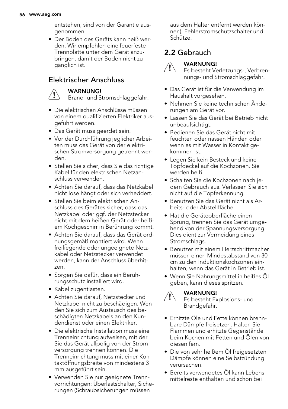 Elektrischer anschluss, 2 gebrauch | AEG HC451220EB User Manual | Page 56 / 72