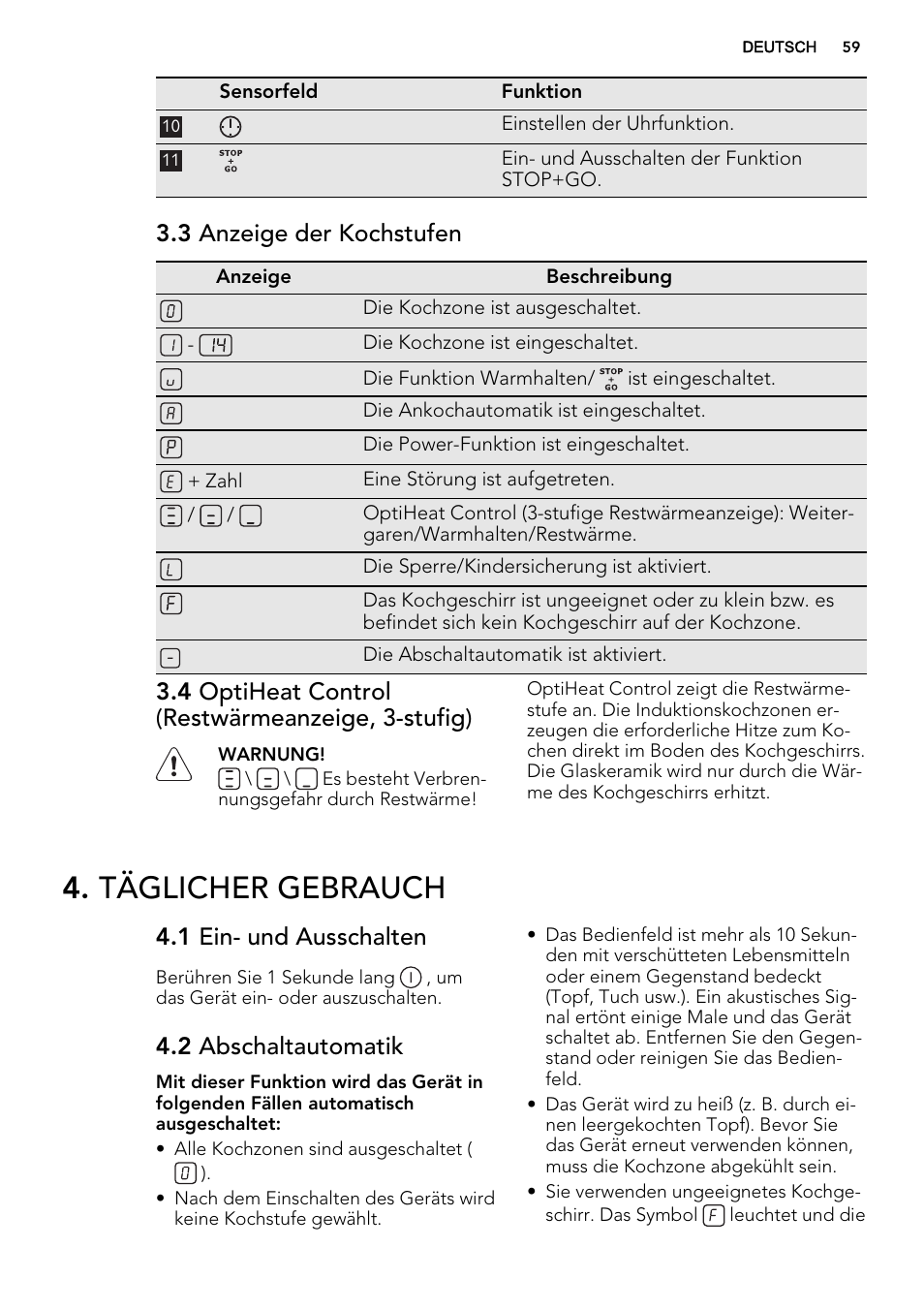 Täglicher gebrauch, 3 anzeige der kochstufen, 4 optiheat control (restwärmeanzeige, 3-stufig) | 1 ein- und ausschalten, 2 abschaltautomatik | AEG HC451220EB User Manual | Page 59 / 72