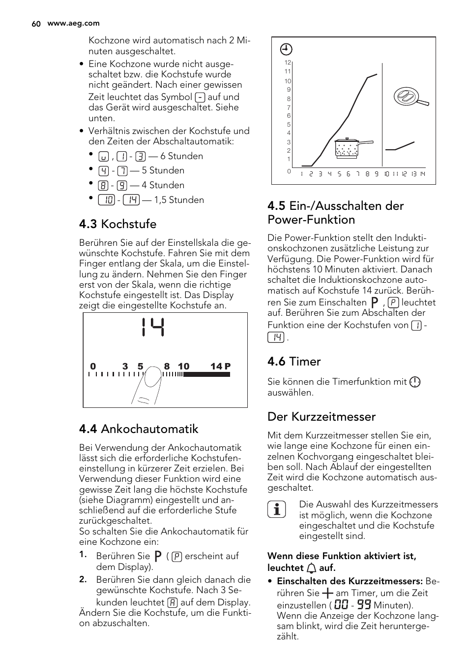 3 kochstufe, 4 ankochautomatik, 5 ein-/ausschalten der power-funktion | 6 timer, Der kurzzeitmesser | AEG HC451220EB User Manual | Page 60 / 72