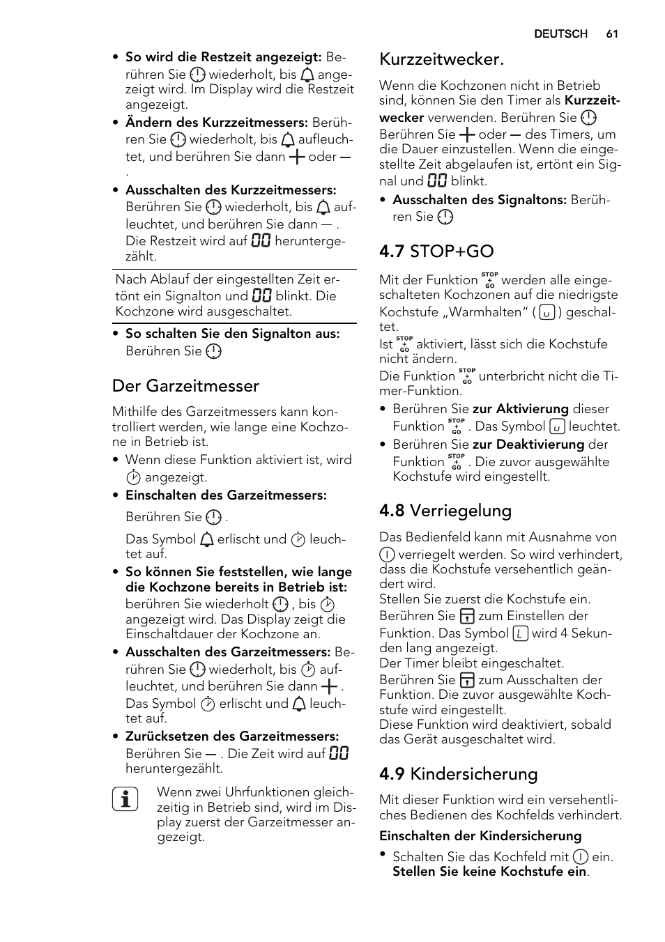 Der garzeitmesser, Kurzzeitwecker, 7 stop+go | 8 verriegelung, 9 kindersicherung | AEG HC451220EB User Manual | Page 61 / 72