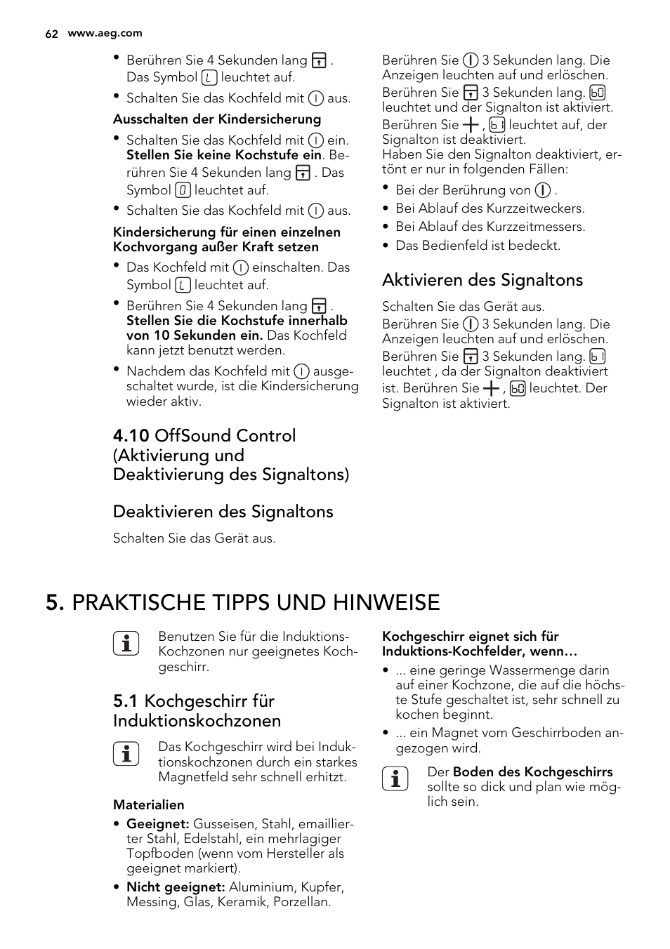 Praktische tipps und hinweise, Aktivieren des signaltons, 1 kochgeschirr für induktionskochzonen | AEG HC451220EB User Manual | Page 62 / 72