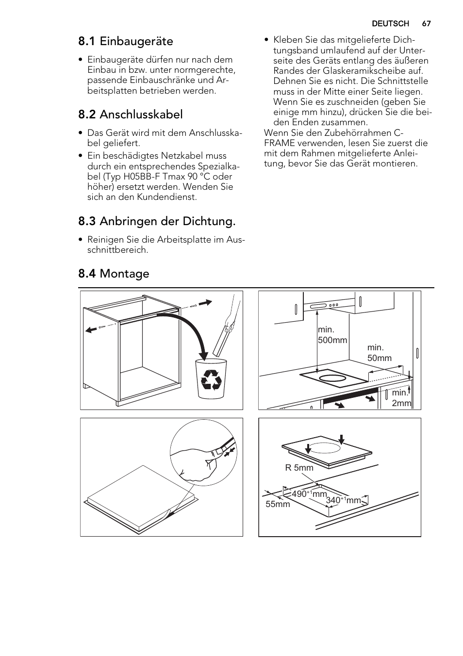 1 einbaugeräte, 2 anschlusskabel, 3 anbringen der dichtung | 4 montage | AEG HC451220EB User Manual | Page 67 / 72