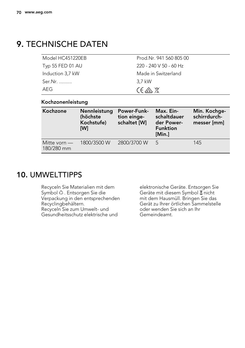 Technische daten, Umwelttipps | AEG HC451220EB User Manual | Page 70 / 72