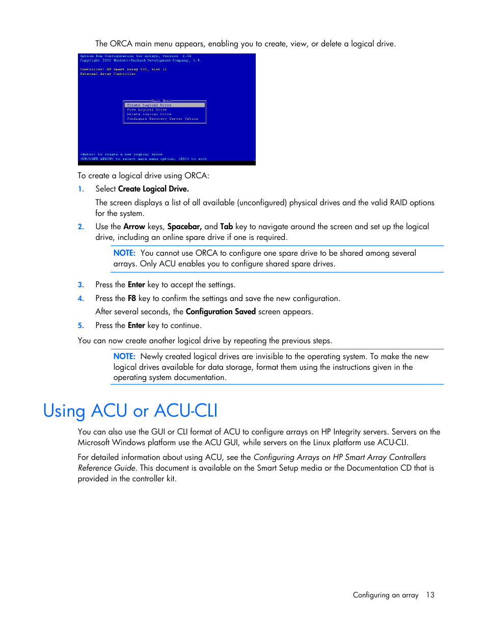 Using acu or acu-cli, Using orca | HP Integrity rx4640 Server User Manual | Page 13 / 33