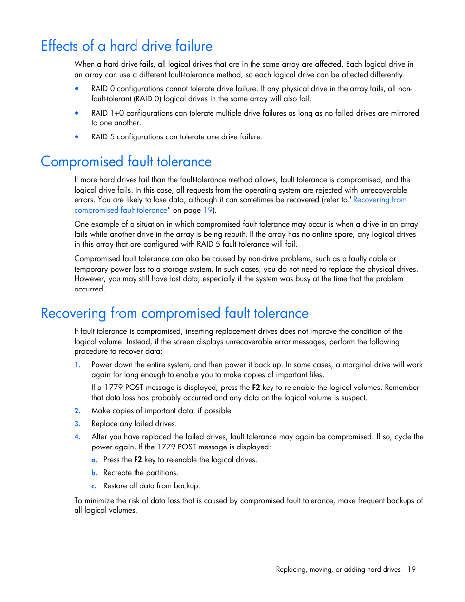 Effects of a hard drive failure, Compromised fault tolerance, Recovering from compromised fault tolerance | HP Integrity rx4640 Server User Manual | Page 19 / 33