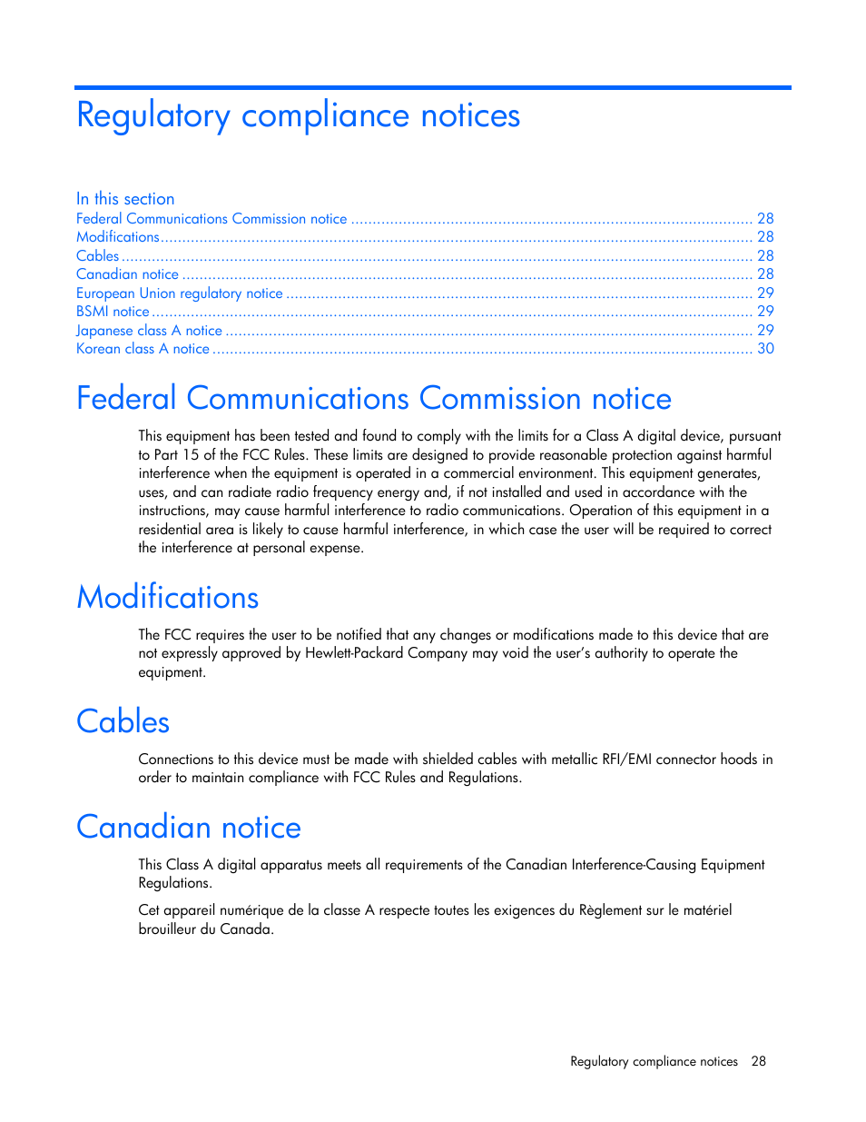 Regulatory compliance notices, Federal communications commission notice, Modifications | Cables, Canadian notice, Diagnostic tools | HP Integrity rx4640 Server User Manual | Page 28 / 33
