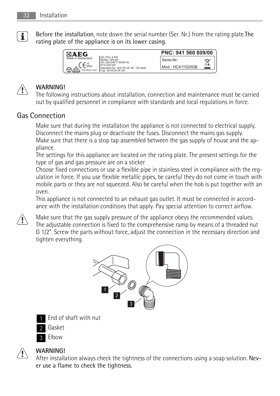 Gas connection | AEG HC411520GB User Manual | Page 32 / 80