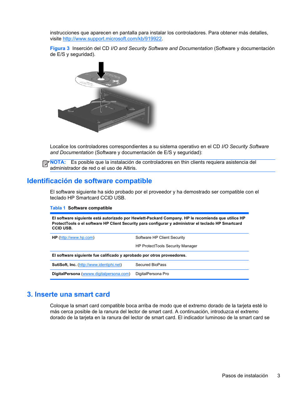 Identificación de software compatible, Inserte una smart card | HP Teclado CCI con conexión USB o SmartCard de HP User Manual | Page 9 / 12
