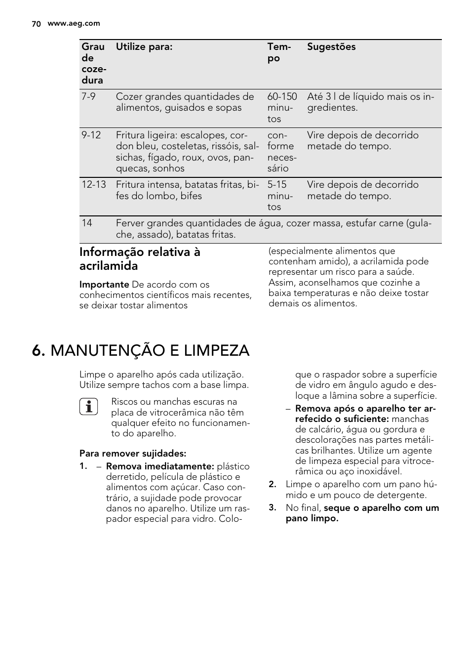 Manutenção e limpeza, Informação relativa à acrilamida | AEG HK654070FB User Manual | Page 70 / 76