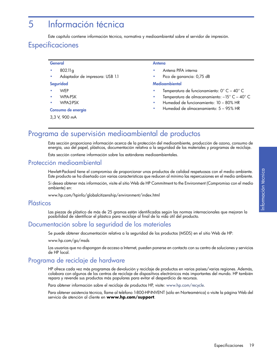 Información técnica, Especificaciones, Protección medioambiental | Plásticos, Documentación sobre la seguridad de los materiales, Programa de reciclaje de hardware, 5 información técnica, 5información técnica | HP Servidor de impresión G inalámbrico HP 2101nw User Manual | Page 19 / 26