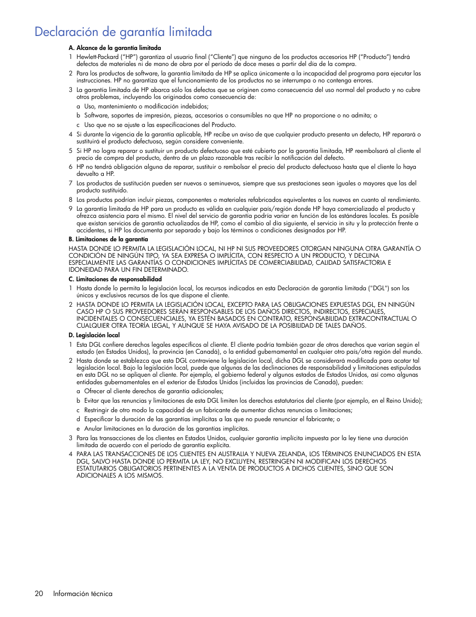 Declaración de garantía limitada | HP Servidor de impresión G inalámbrico HP 2101nw User Manual | Page 20 / 26