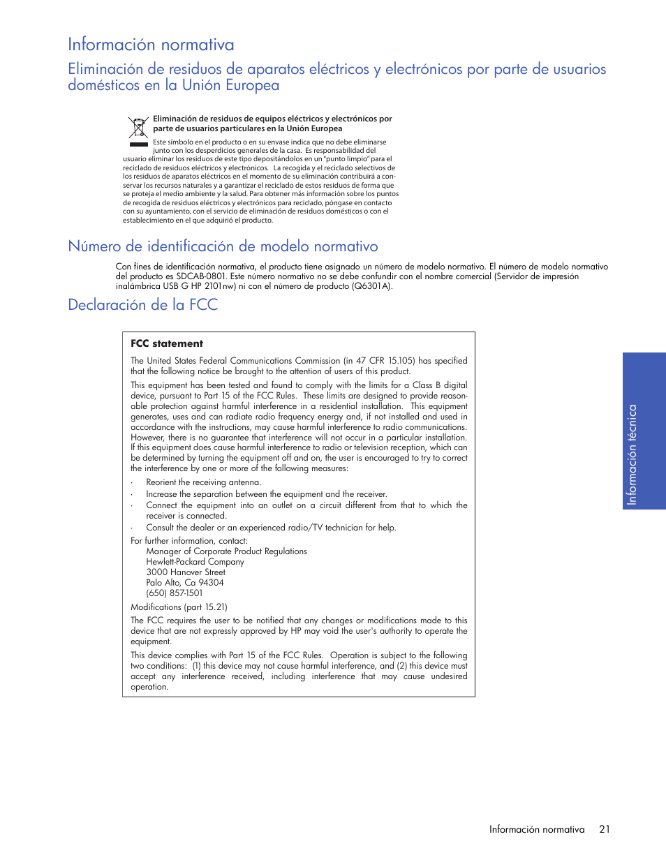 Información normativa, Número de identificación de modelo normativo, Declaración de la fcc | Usuarios domésticos en la unión europea | HP Servidor de impresión G inalámbrico HP 2101nw User Manual | Page 21 / 26