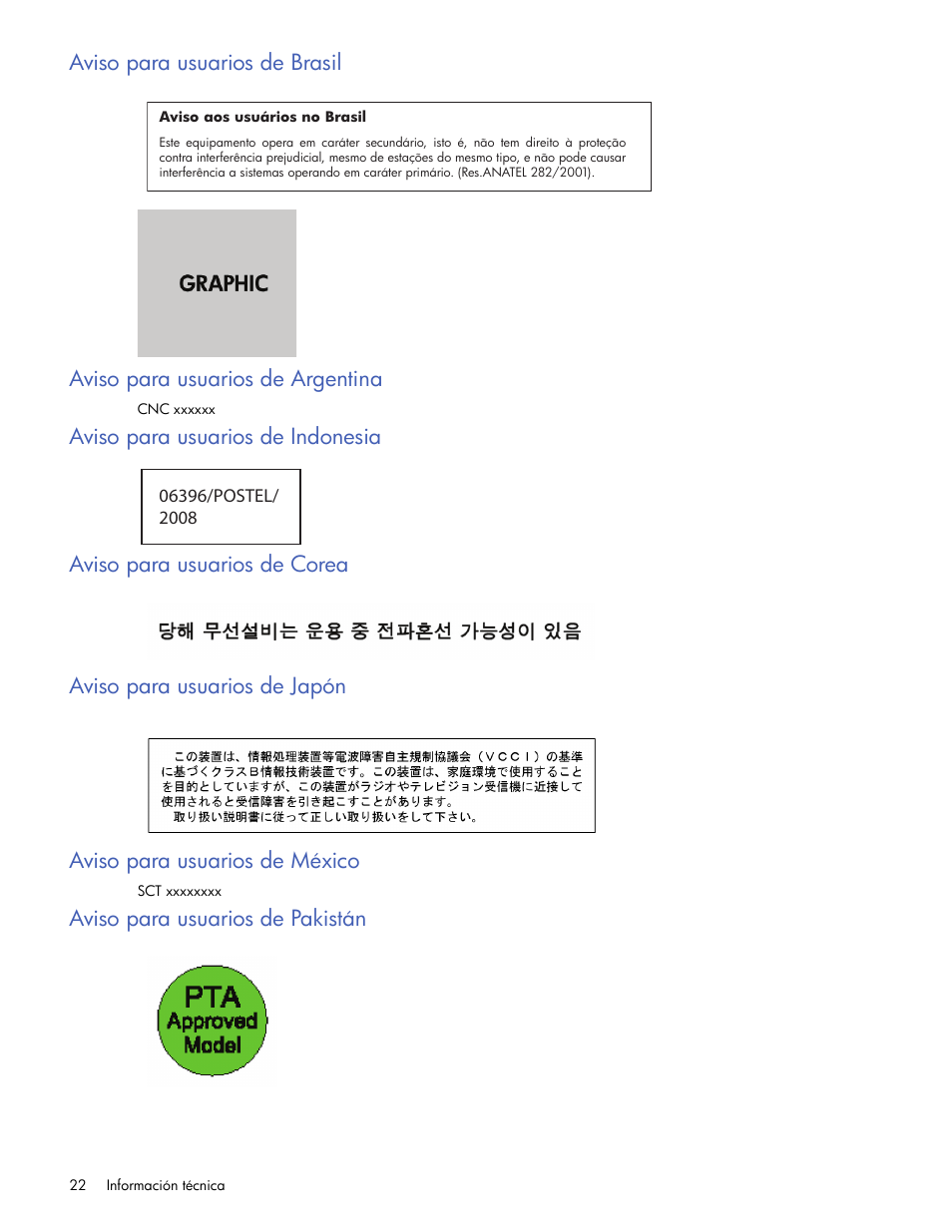 Aviso para usuarios de brasil, Aviso para usuarios de argentina, Aviso para usuarios de indonesia | Aviso para usuarios de corea, Aviso para usuarios de japón, Aviso para usuarios de méxico, Aviso para usuarios de pakistán | HP Servidor de impresión G inalámbrico HP 2101nw User Manual | Page 22 / 26