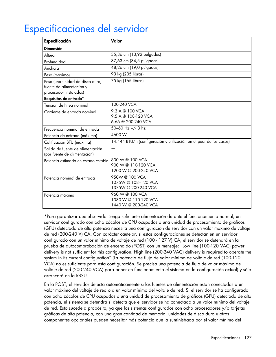 Especificaciones del servidor | HP Servidor HP ProLiant DL980 G7 User Manual | Page 127 / 143