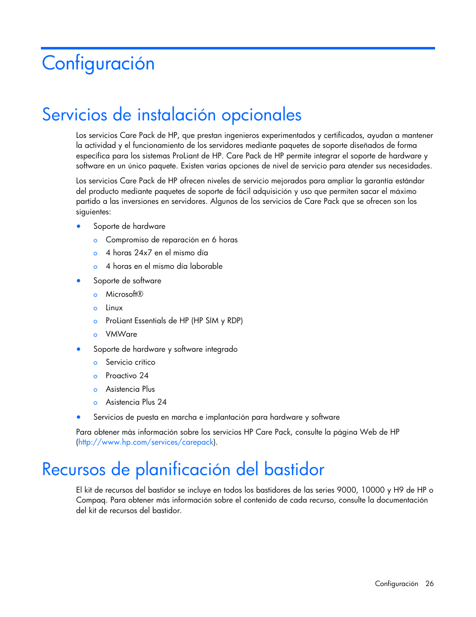 Configuración, Servicios de instalación opcionales, Recursos de planificación del bastidor | HP Servidor HP ProLiant DL980 G7 User Manual | Page 26 / 143