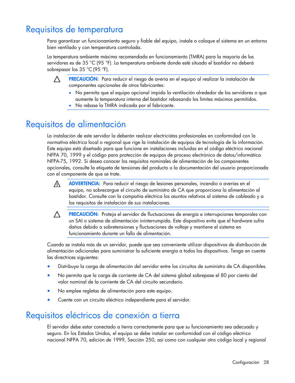 Requisitos de temperatura, Requisitos de alimentación, Requisitos eléctricos de conexión a tierra | HP Servidor HP ProLiant DL980 G7 User Manual | Page 28 / 143