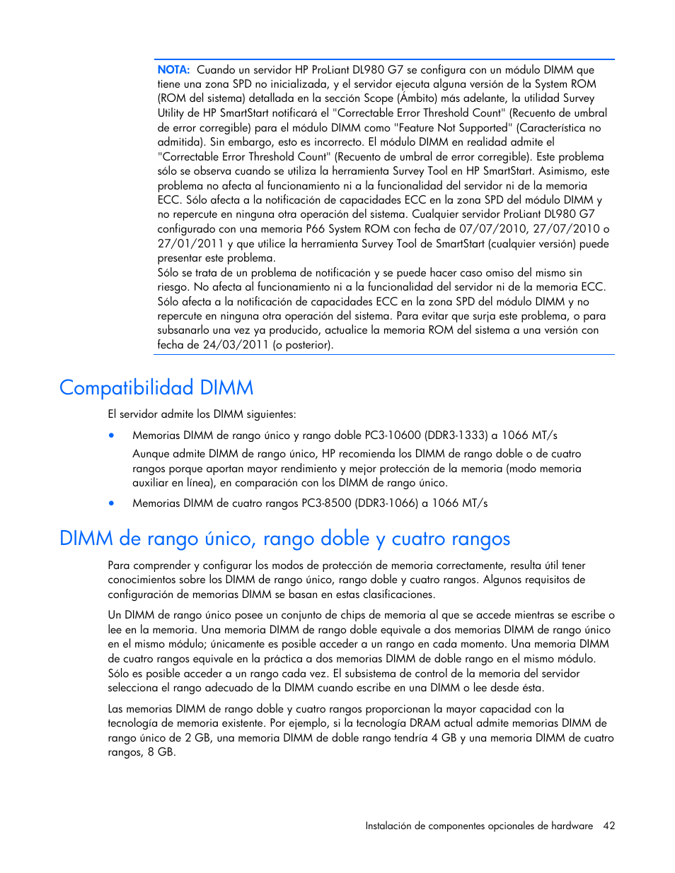 Compatibilidad dimm, Dimm de rango único, rango doble y cuatro rangos | HP Servidor HP ProLiant DL980 G7 User Manual | Page 42 / 143