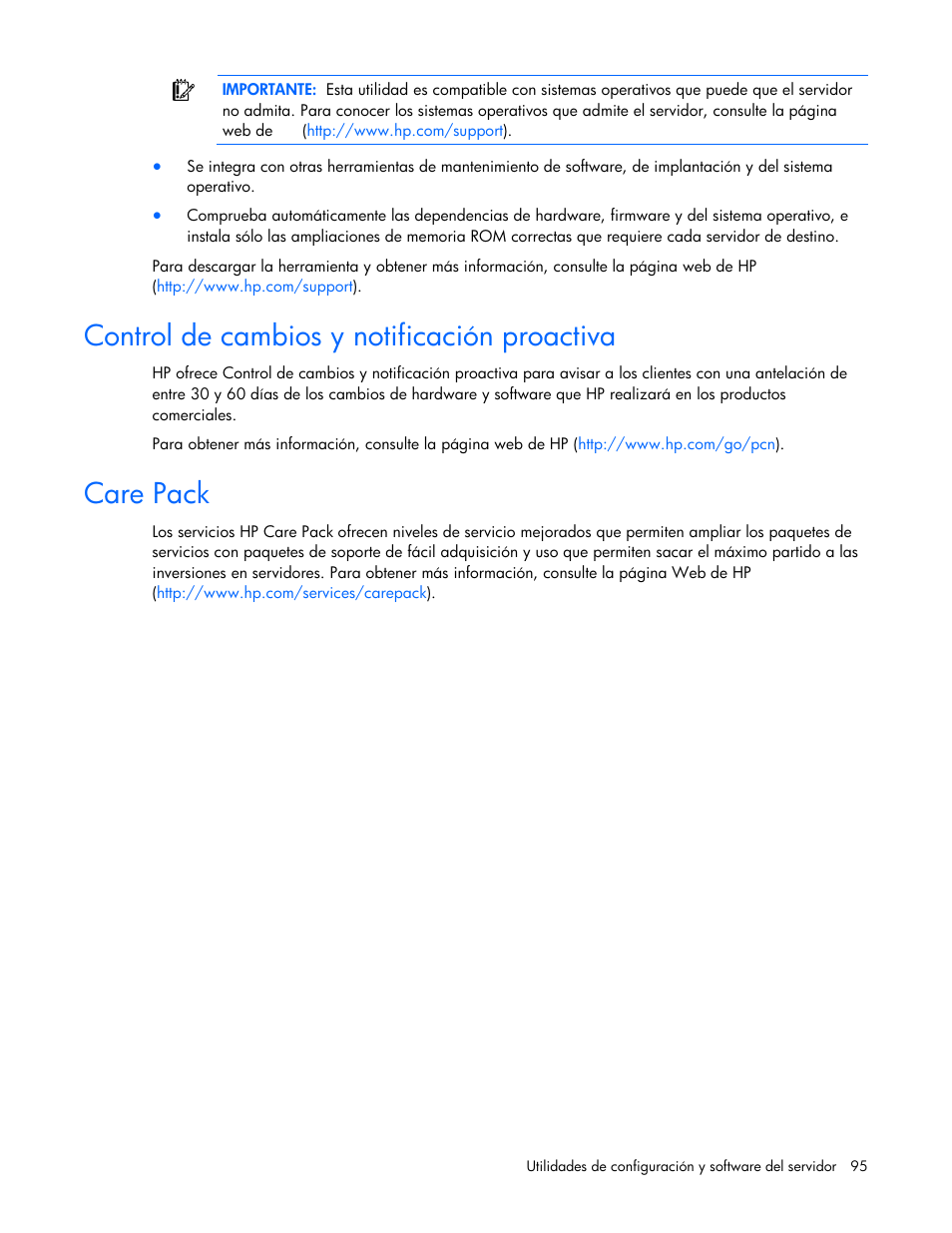 Control de cambios y notificación proactiva, Care pack | HP Servidor HP ProLiant DL980 G7 User Manual | Page 95 / 143