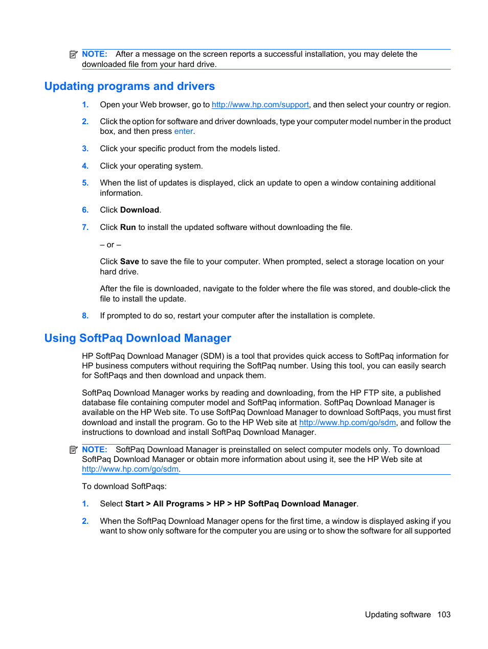 Updating programs and drivers, Using softpaq download manager | HP ProBook 5320m Notebook PC User Manual | Page 113 / 140